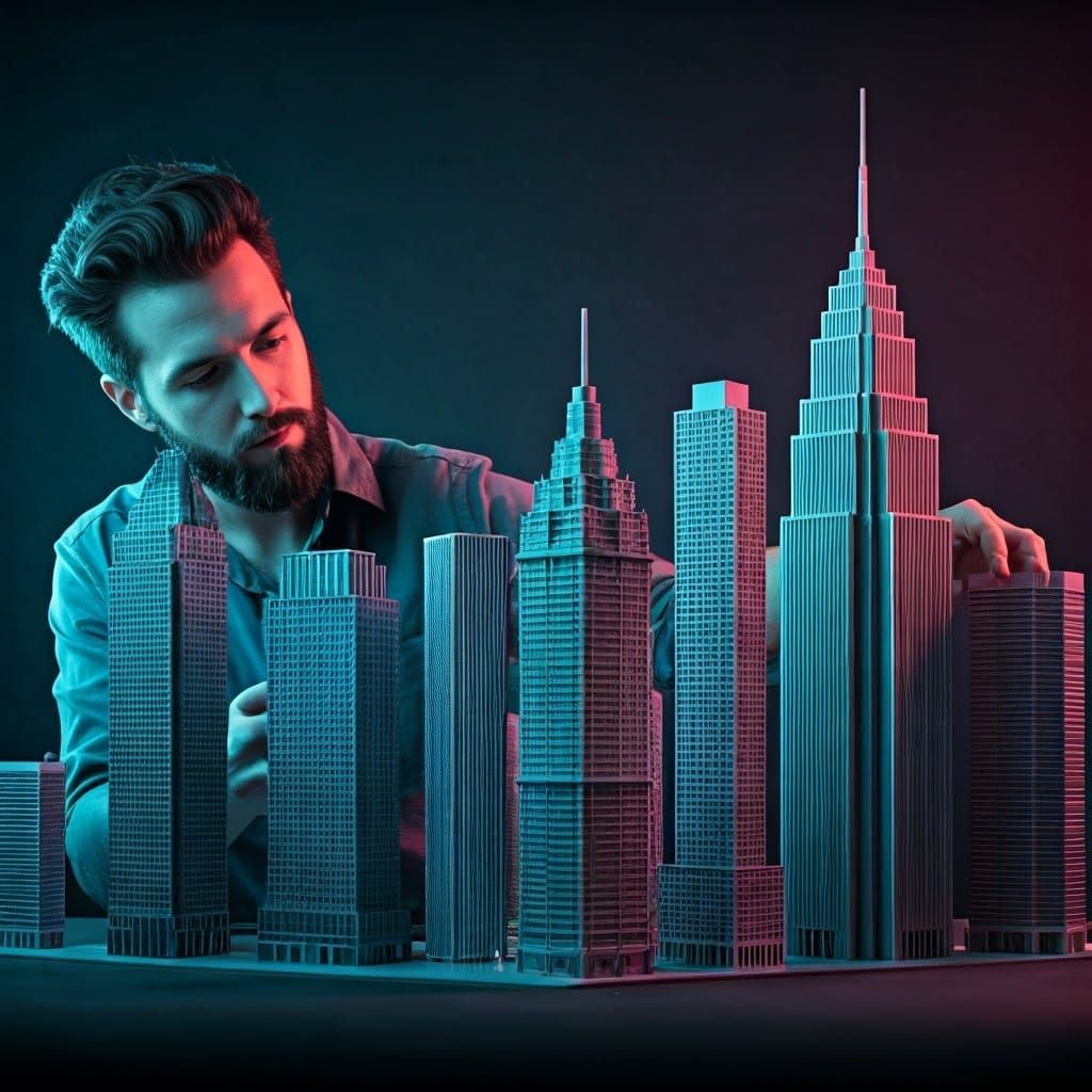 Shirtless Man Builds Neon Synthwave Skyscrapers