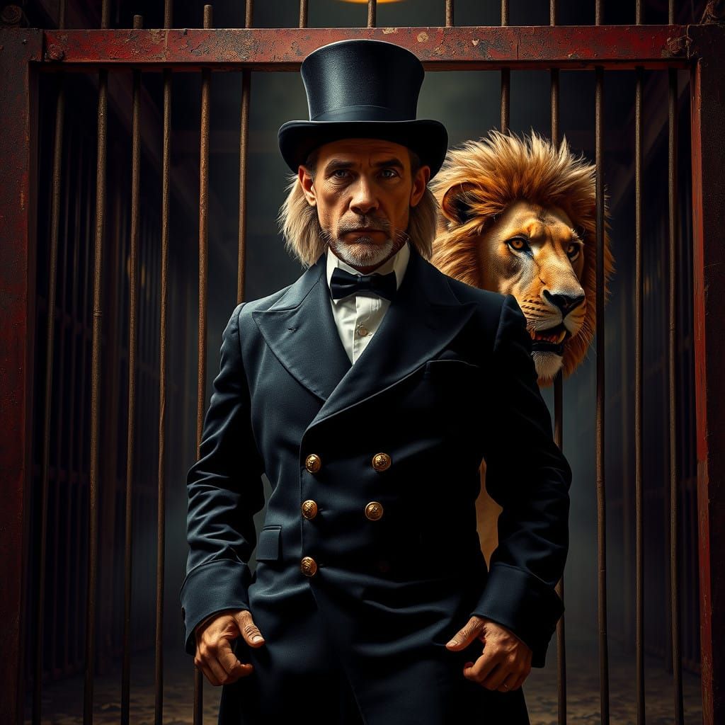Dramatic Circus Lion Tamer in a Tense Standoff with a Fierce...