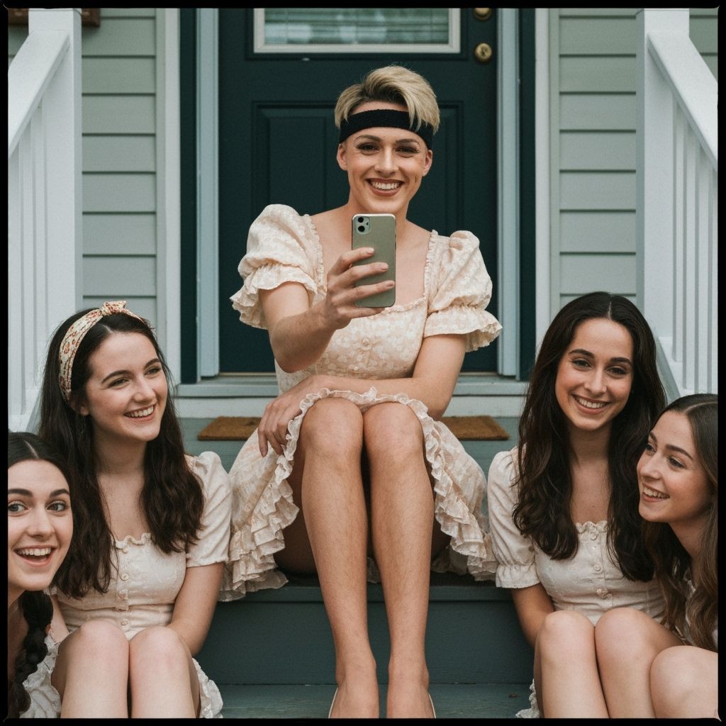 Feminine Guy in Vintage Mini-Dress Takes Selfie with Friends