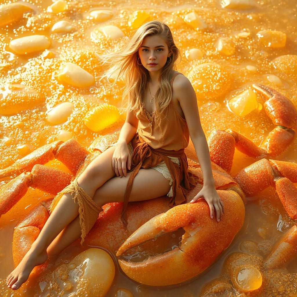 Woman on Gummy Crab in Effervescent Soda Sea