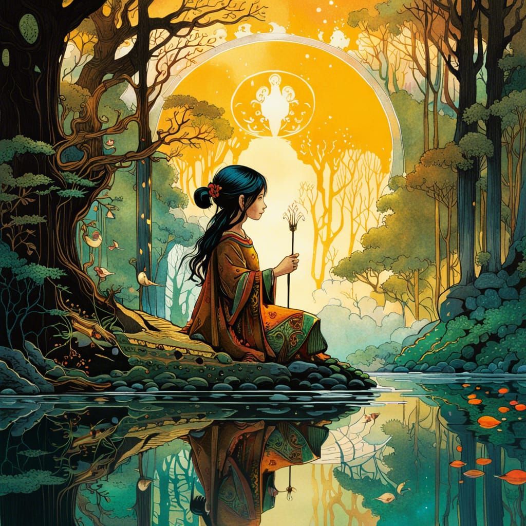 Hobbit and Mirrored Reflection in Watercolor Style