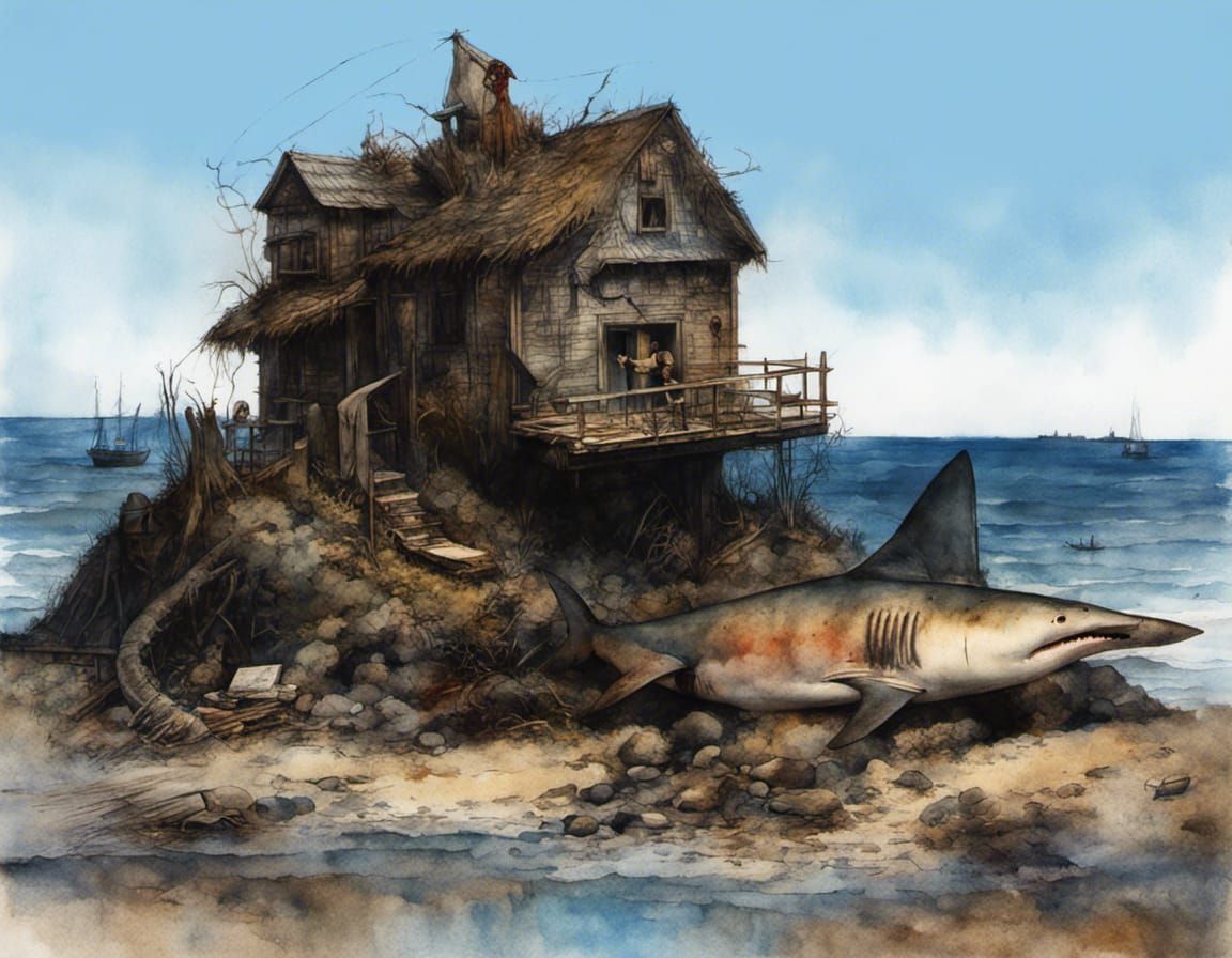 Decaying Shark on Island: Watercolor Art