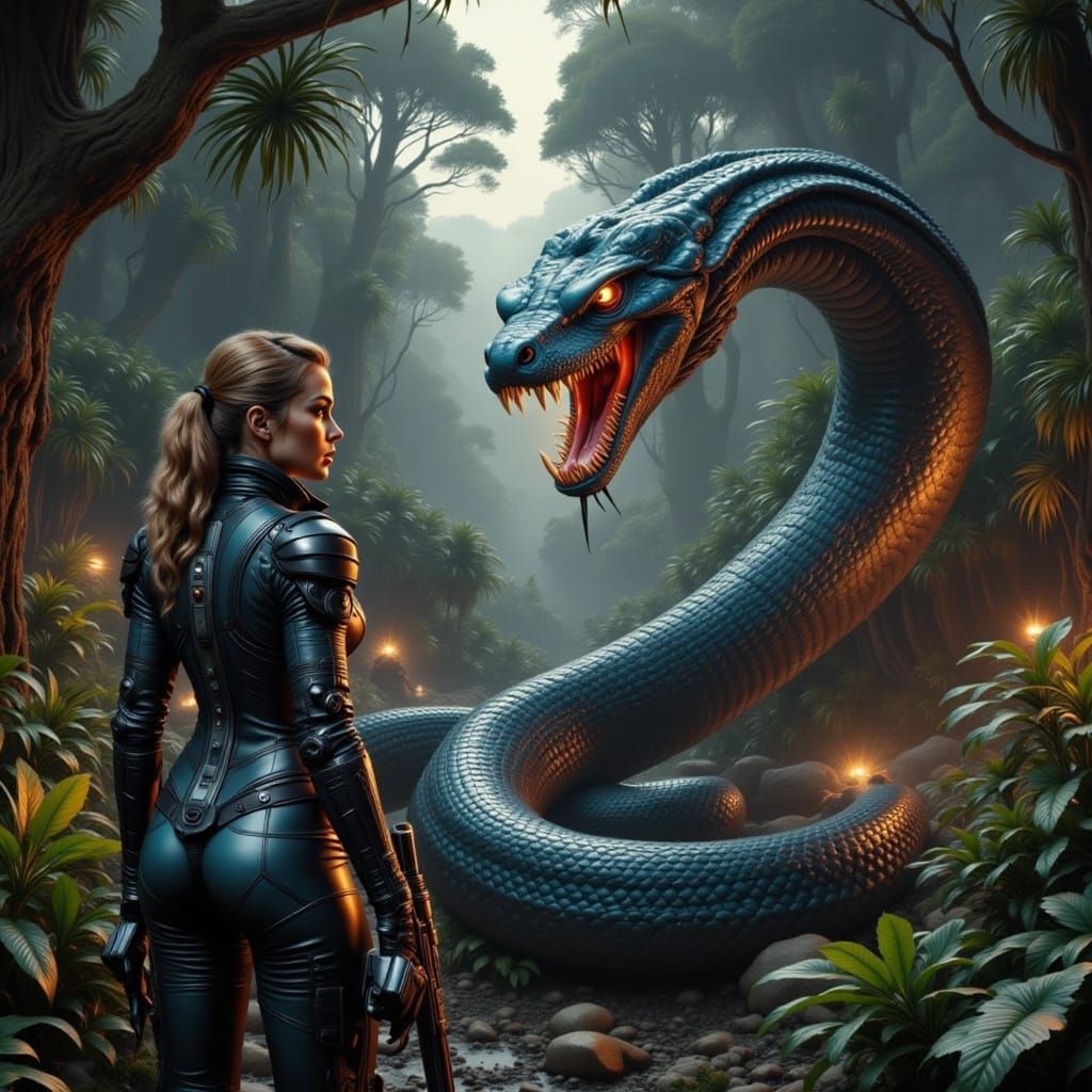 Starship Captain Confronts Alien Snake in Jungle