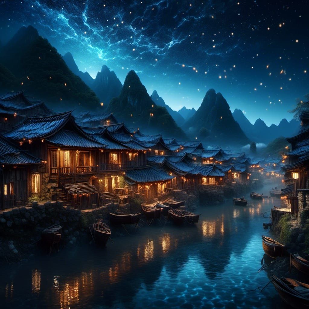 Guizhou Water Village Under Starry Night Sky