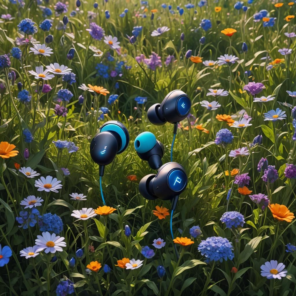 Giant Bluetooth Earbuds in a Flower Field