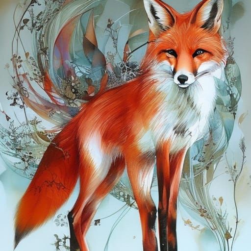 Fox Illustration in Botanical Fantasy Art Style