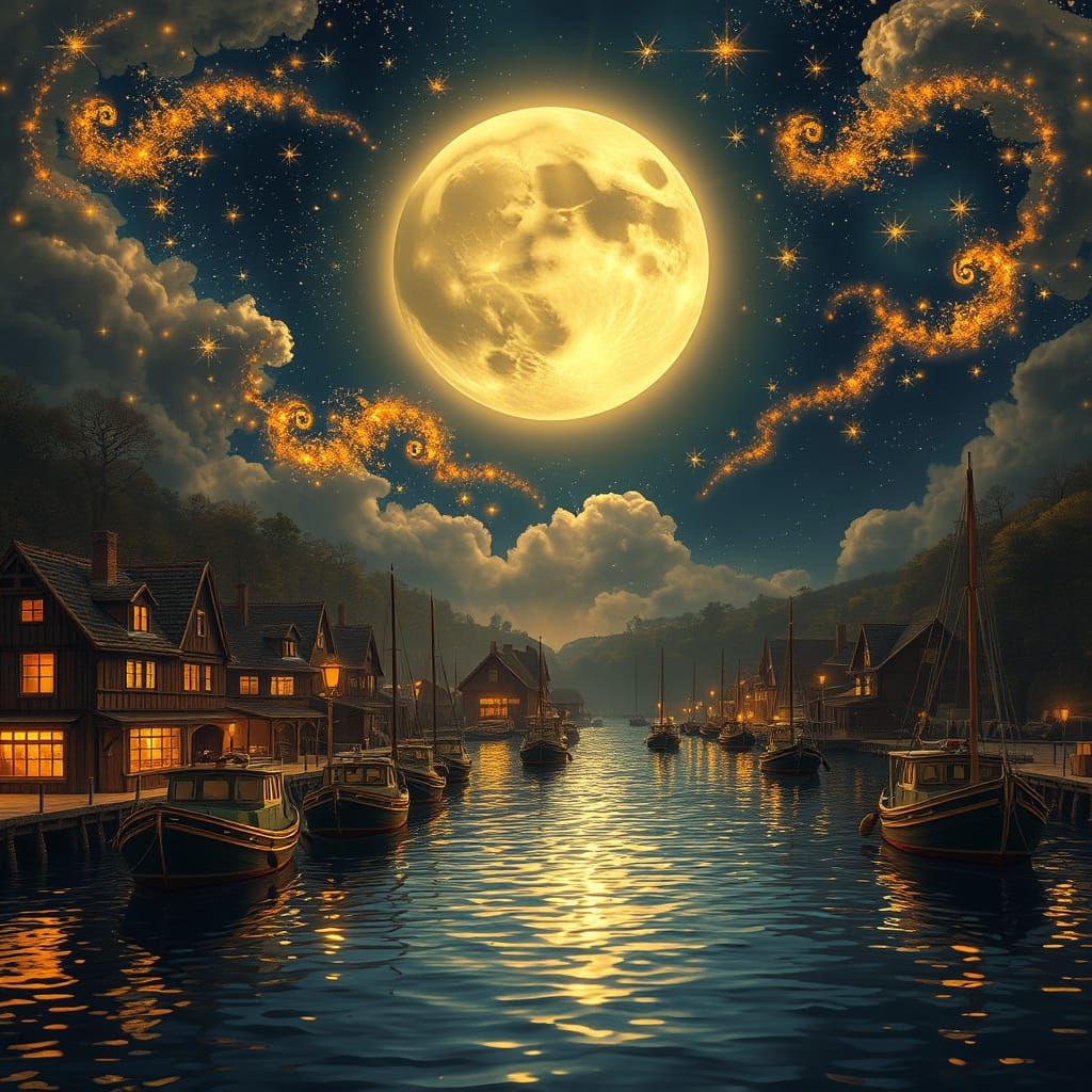 Dreamy Harbor Scene at Golden Hour in Oil Painting Style