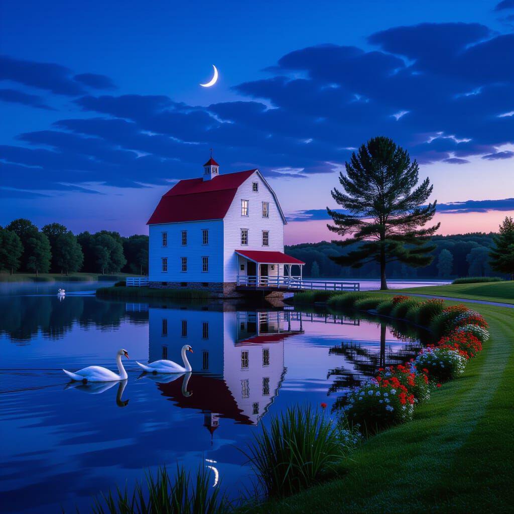 Old Flour Mill by Serene Lake with Swans and Moonlit Sky