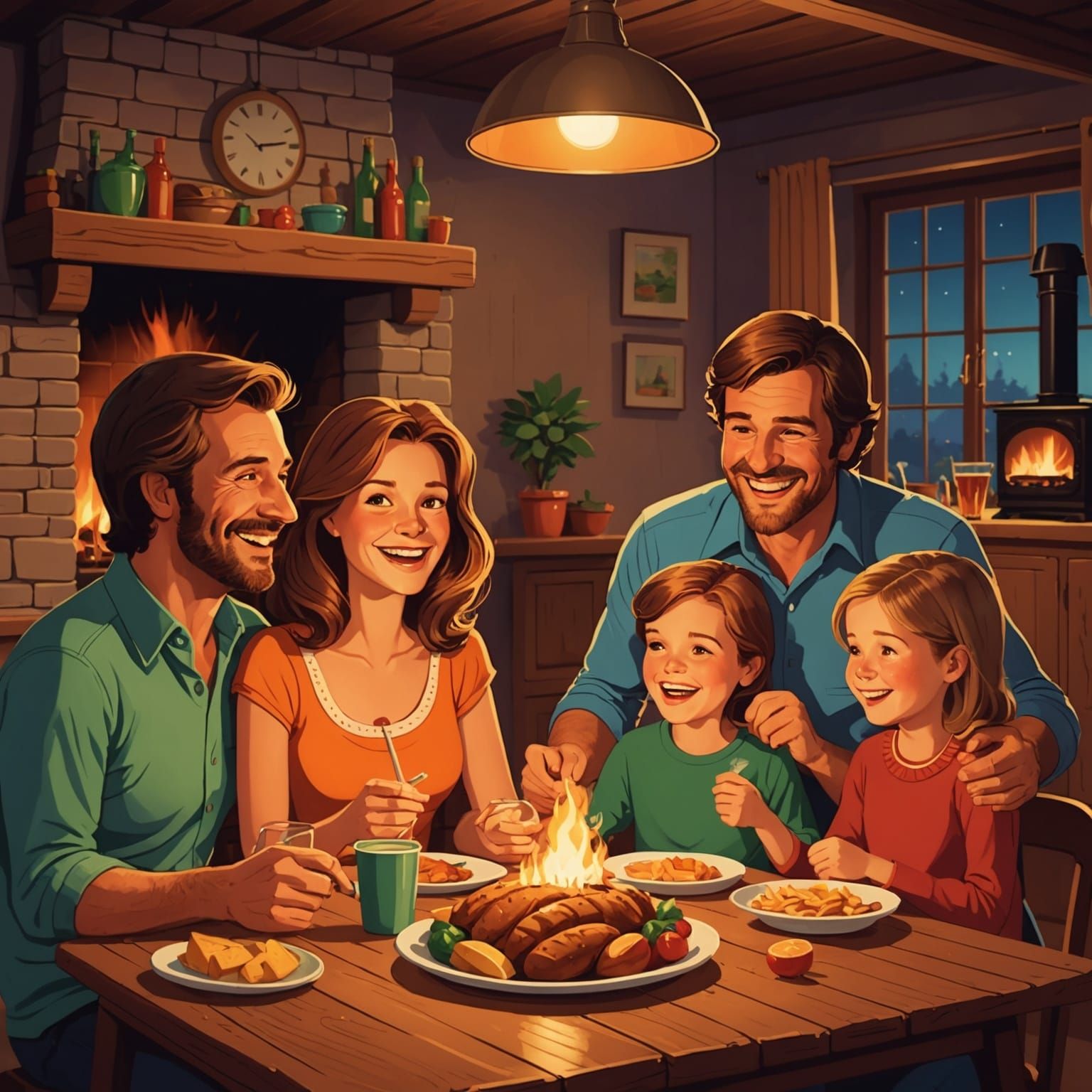 Happy Family Dinner in 70s Cartoon Style