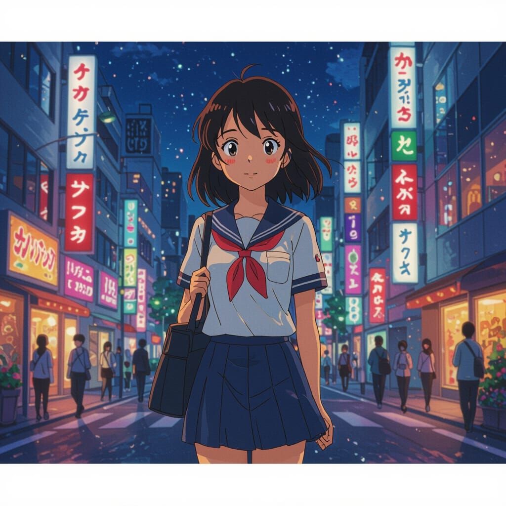 Anime Girl in Tokyo Street at Night