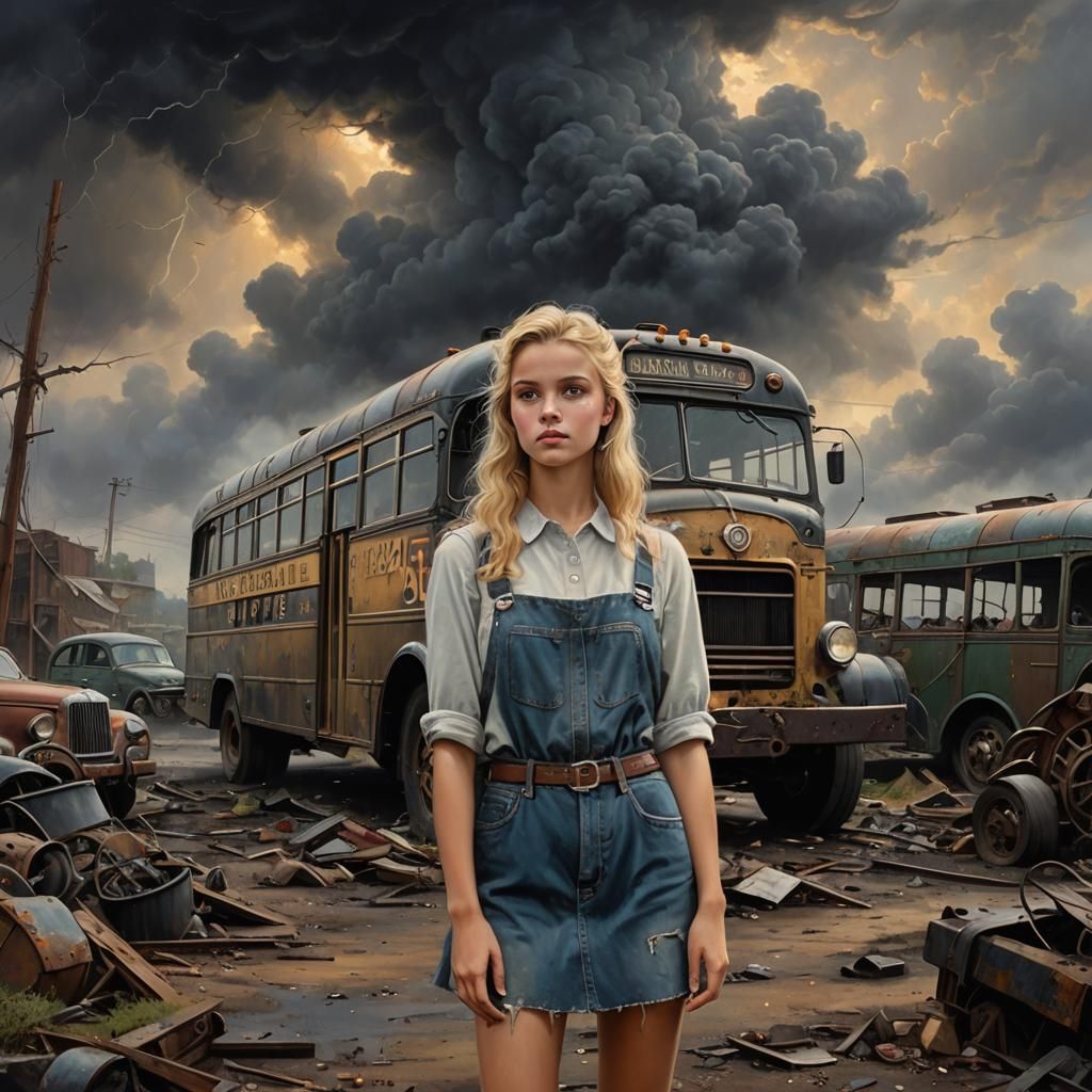 Girl with Vintage Bus in Ethereal Fantasy Style