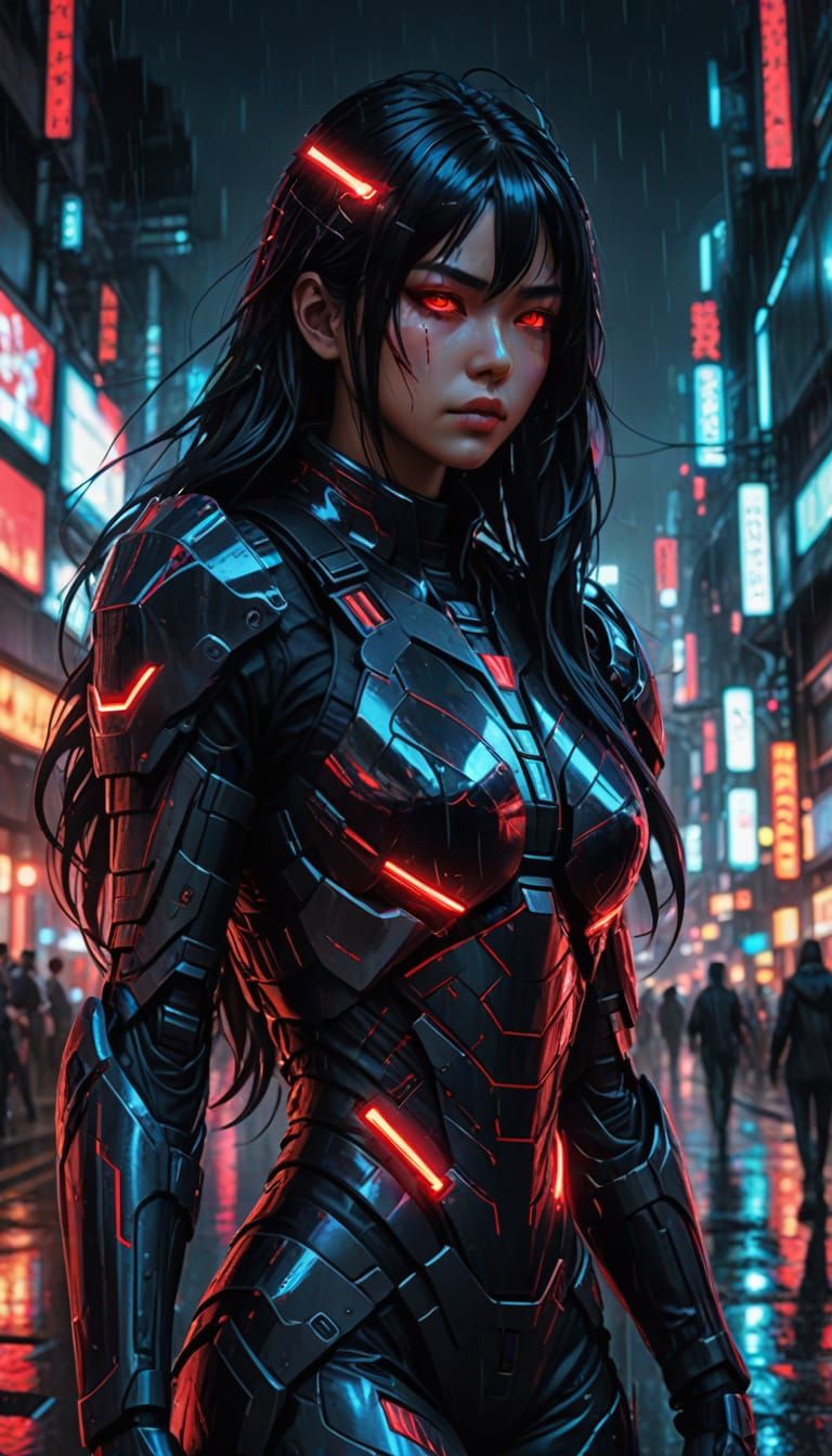 Anime Cyberpunk Warrior in Neon Cityscape