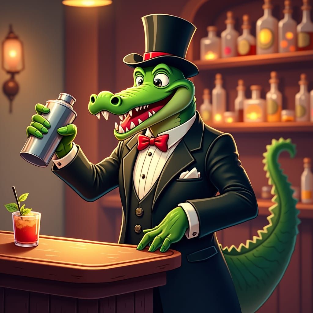 Alligator Bartender in Cartoon Network Style