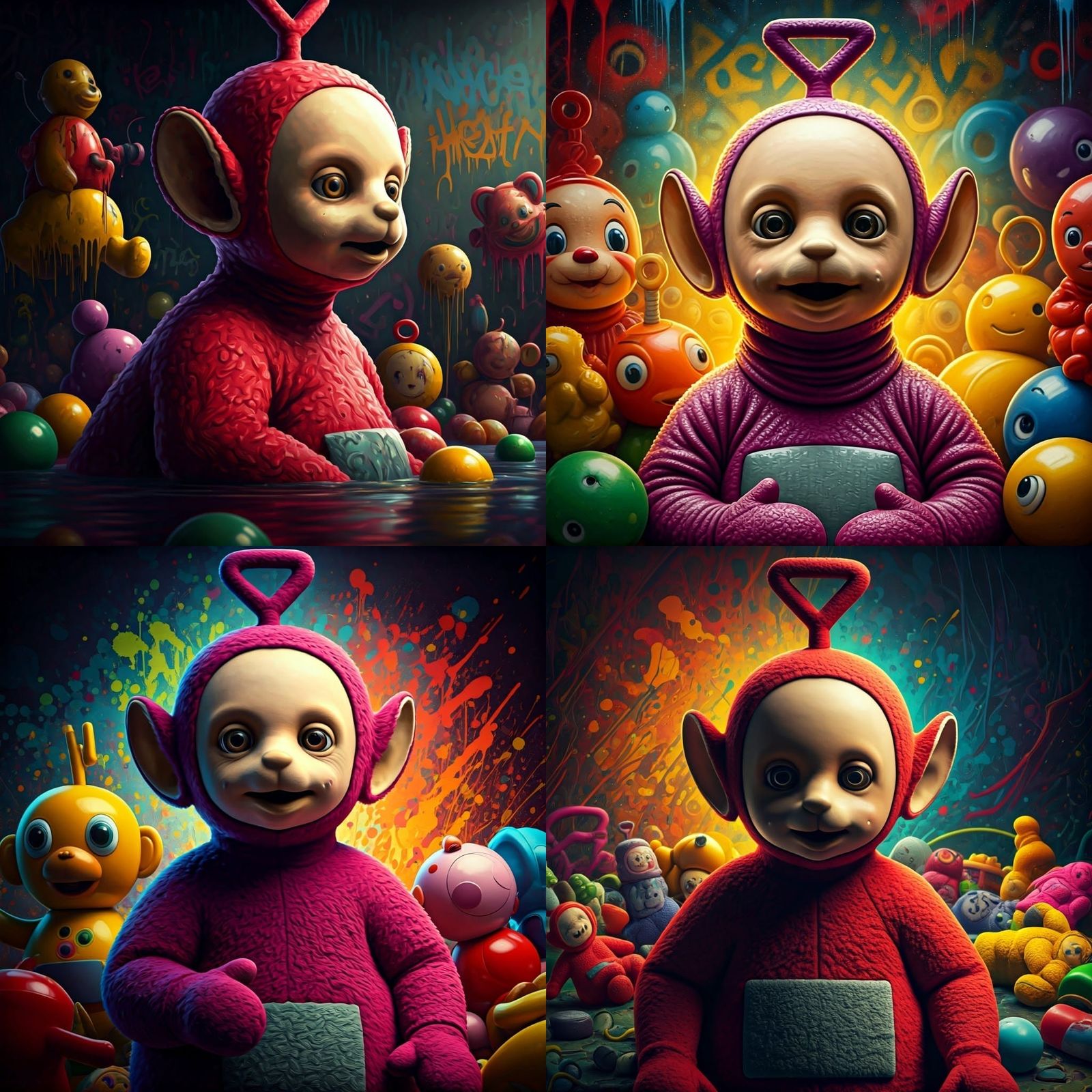 Eerie Teletubby in a Haunting Baby Toy Landscape