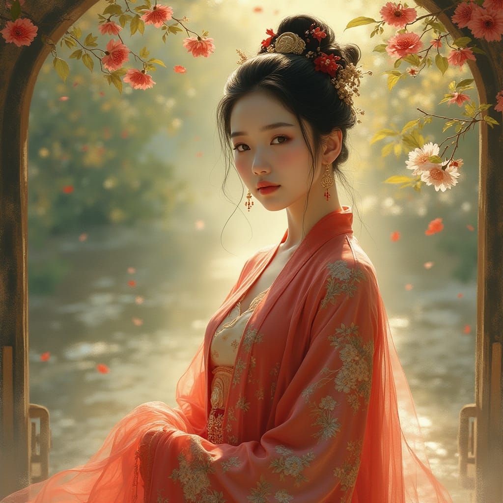 Elegant Woman in Asian Garden, Impressionistic Style