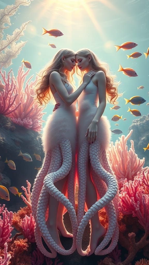 full body shot of 2 lovely sweet hugging delicate lovely women are deep down in a tropic sea hovering over a beautiful c...