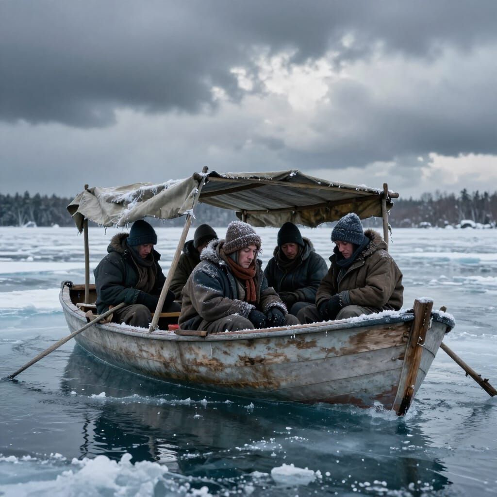 Miners Huddle on Icy Lake Boat Beneath Tattered Canopy