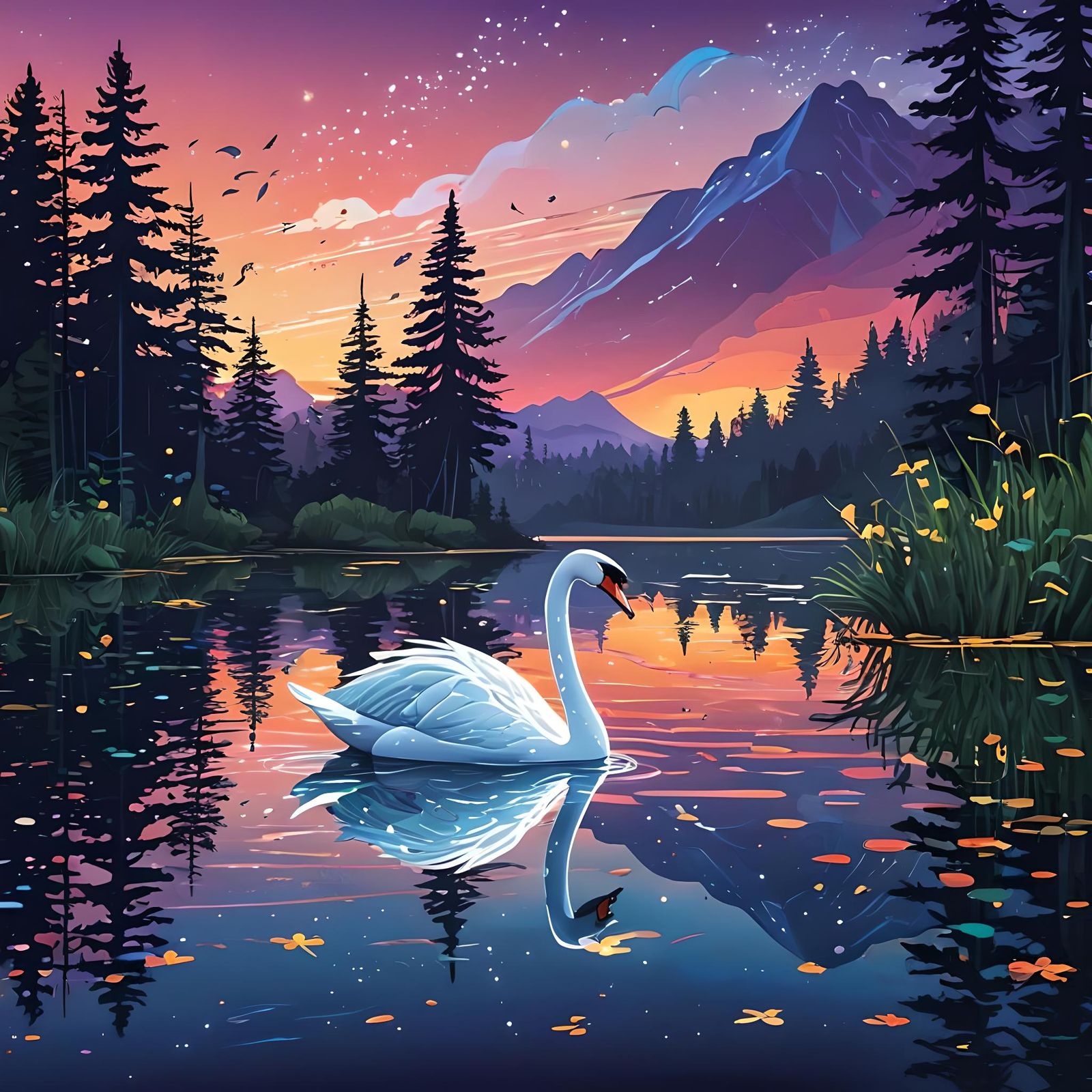 Swan on Shimmering Lake: Vector Art Illustration
