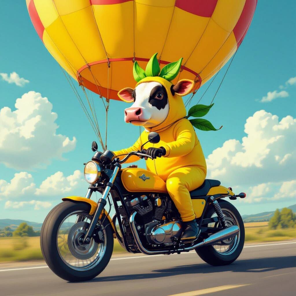 Cow in Banana Suit Rides Motorcycle with Balloon