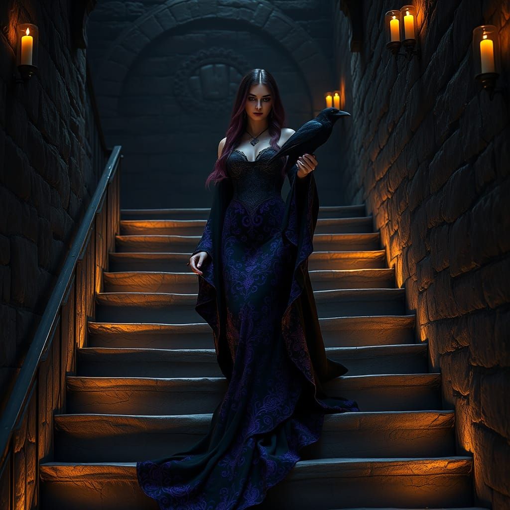 Gothic Castle Priestess Descends Dark Stairs in Candlelight