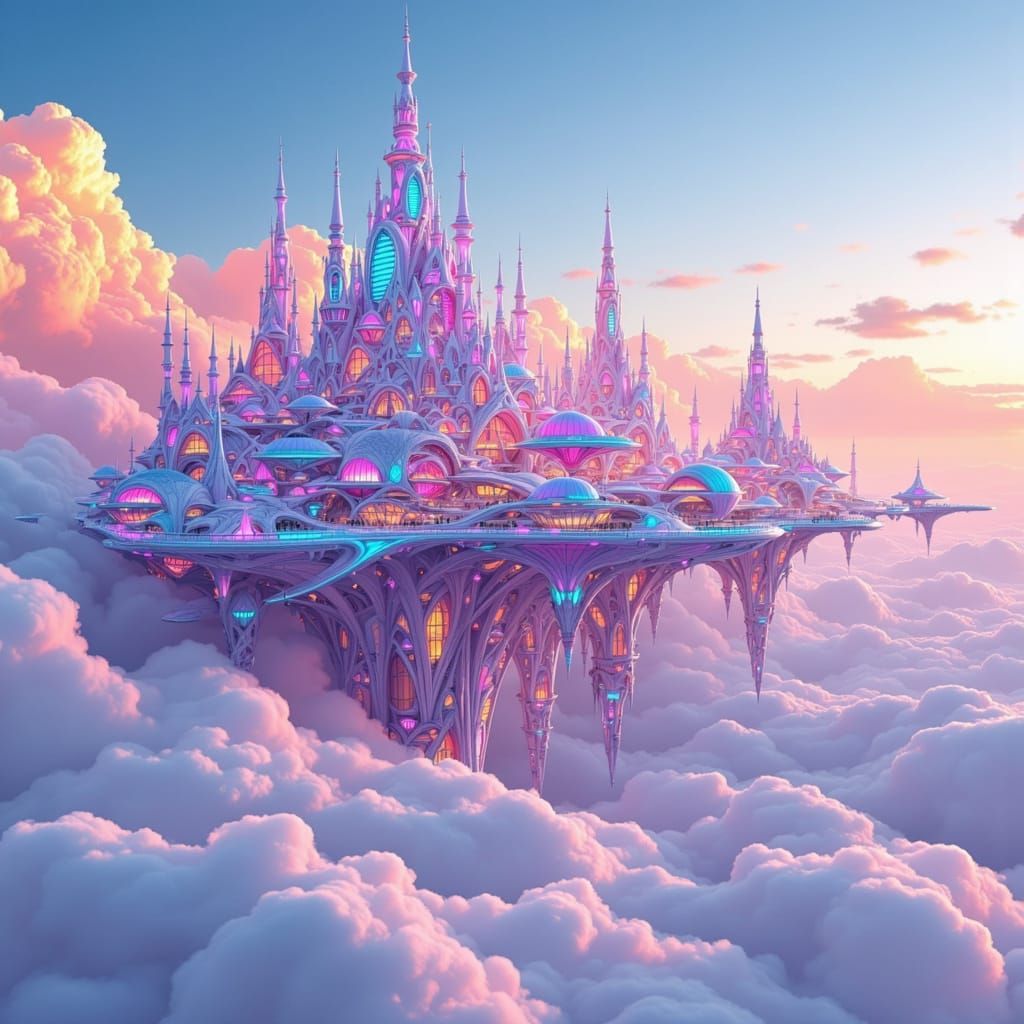 Crystal Castle Floating in Iridescent Clouds