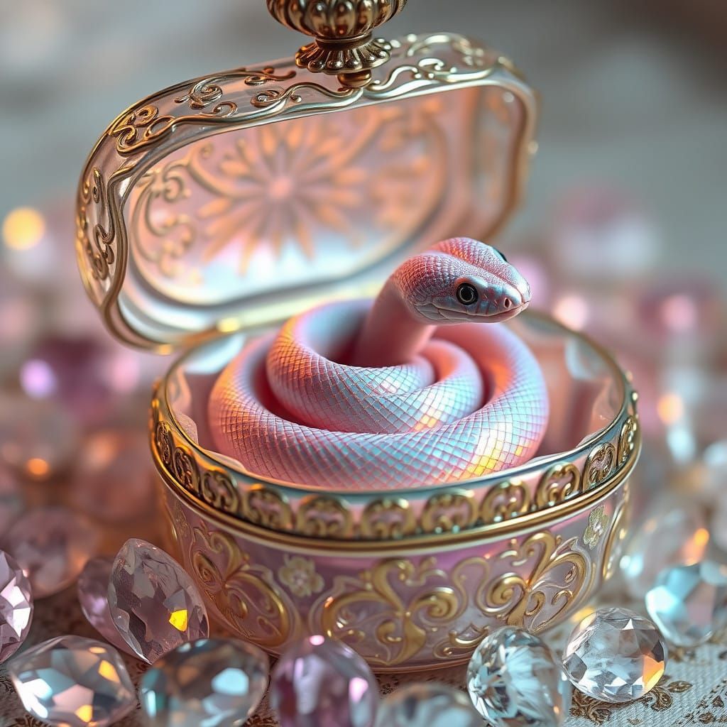 Surrealistic Snake in a Vintage Jewelry Box with Glowing Gla...