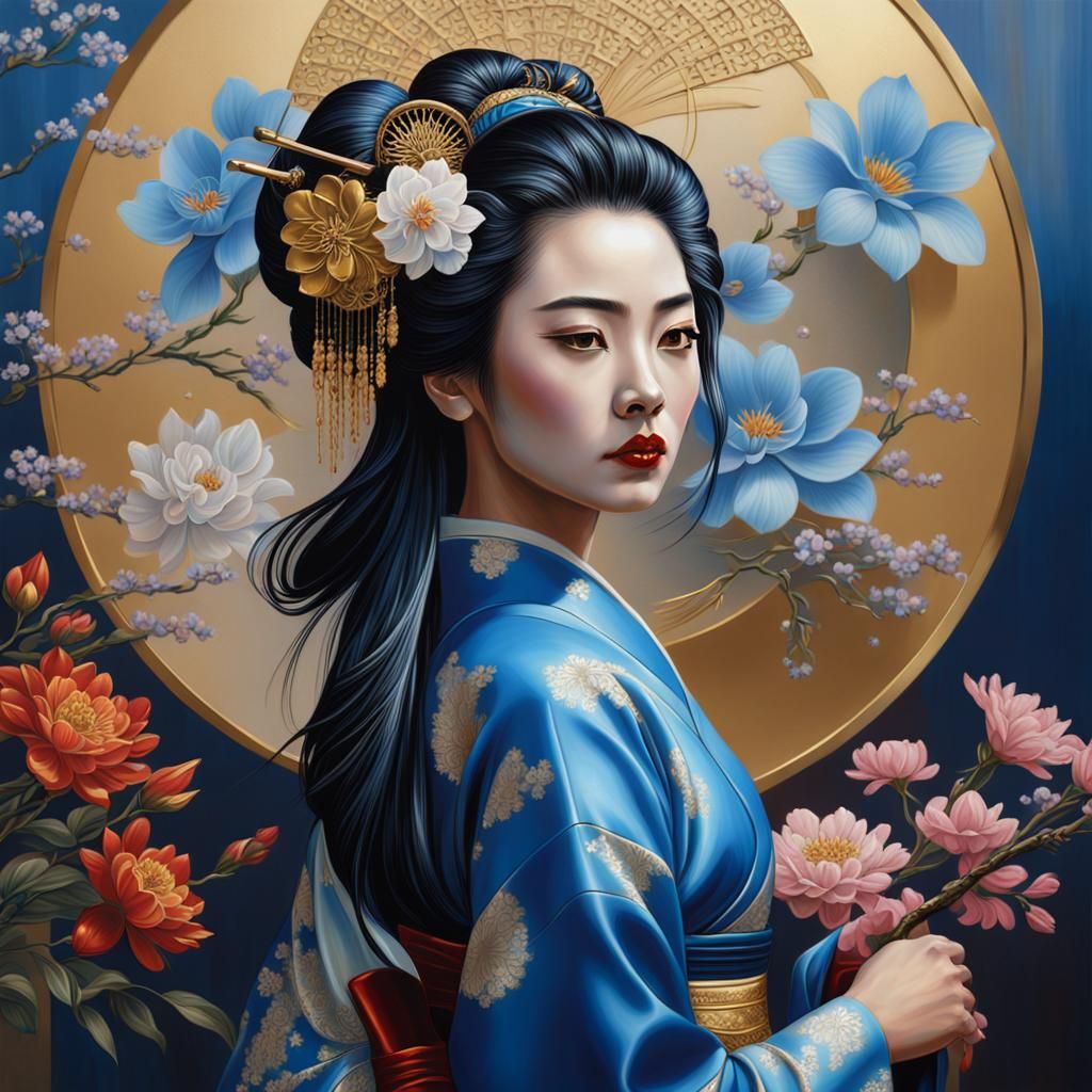 Beautiful Geisha Portrait in Detailed Oil Painting Style