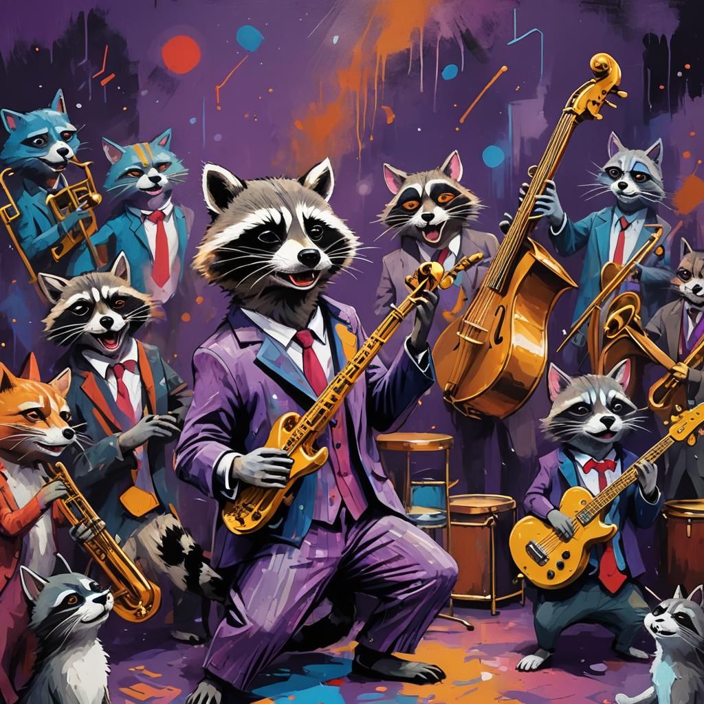 Raccoon Jazz Band in Basquiat-Inspired Splash Art