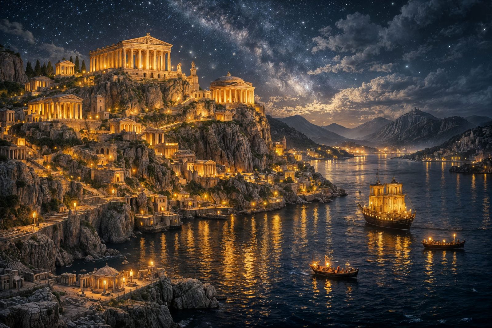 Ancient Greek City at Night on Cliff Overlooking Sea