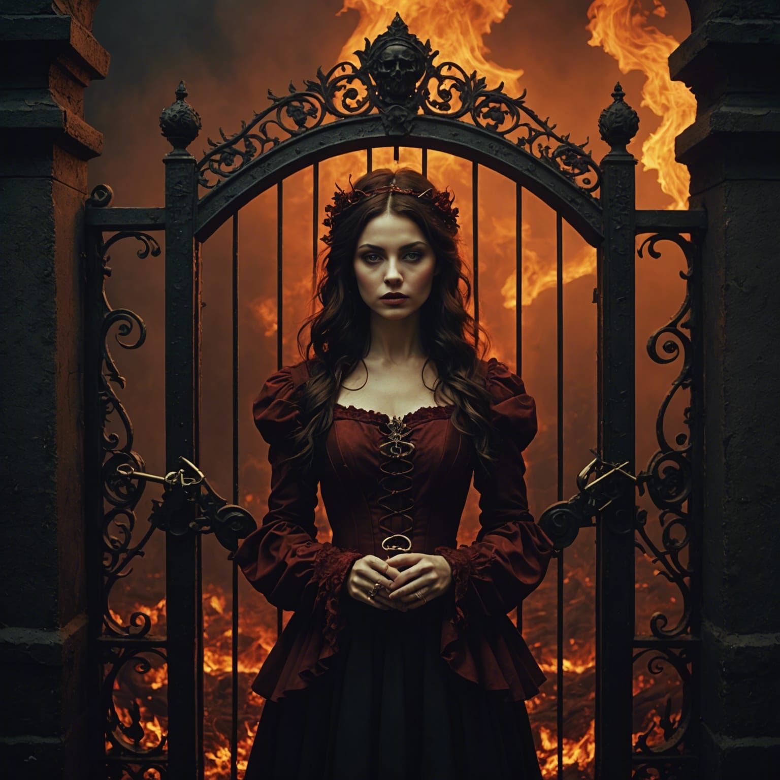 Dramatic Woman at Gates of Hell: Digital Art