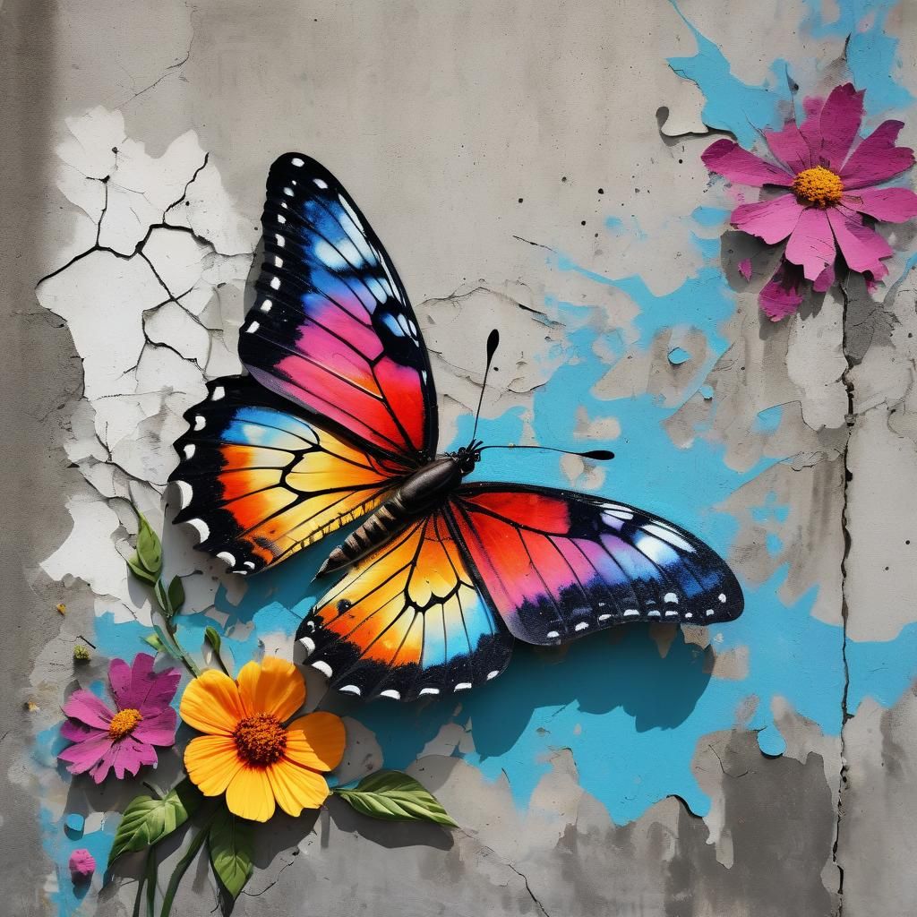 Butterfly Emerges from Cracked Wall: Stencil Graffiti Art