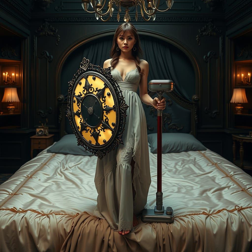 Ethereal Victorian Woman Wields Shield and Vacuum in Dreamli...