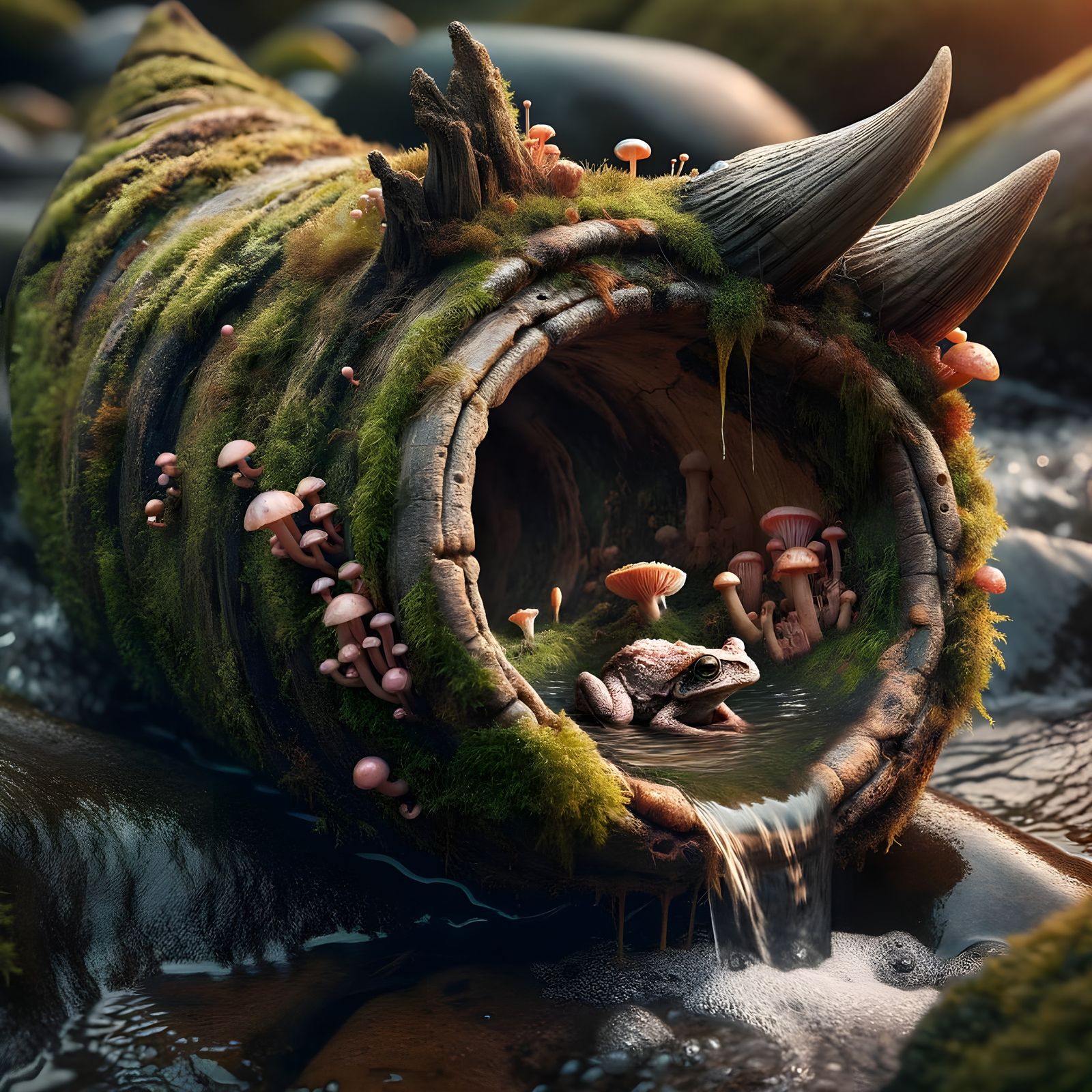 Mossy Unicorn Horn Home with Tiny Frog