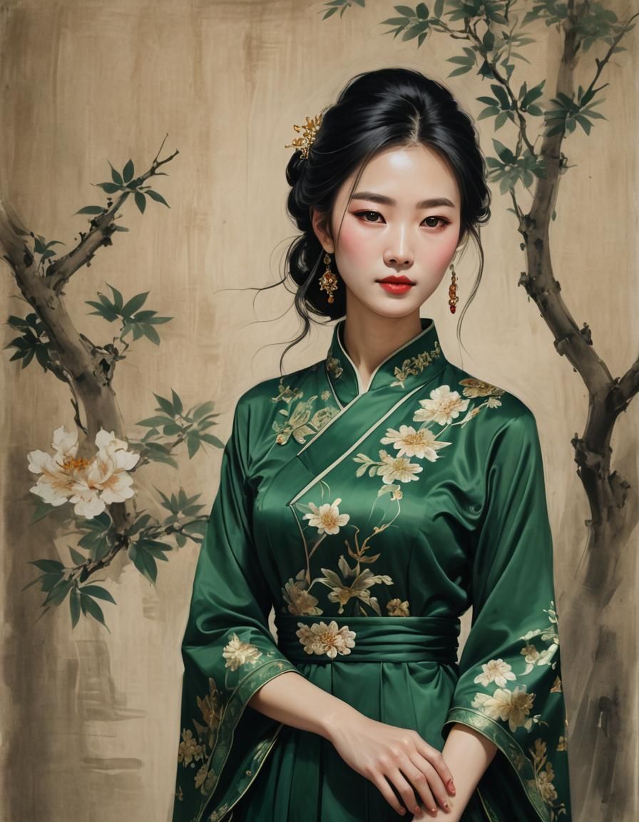 Beautiful Chinese Woman in Traditional Green Dress