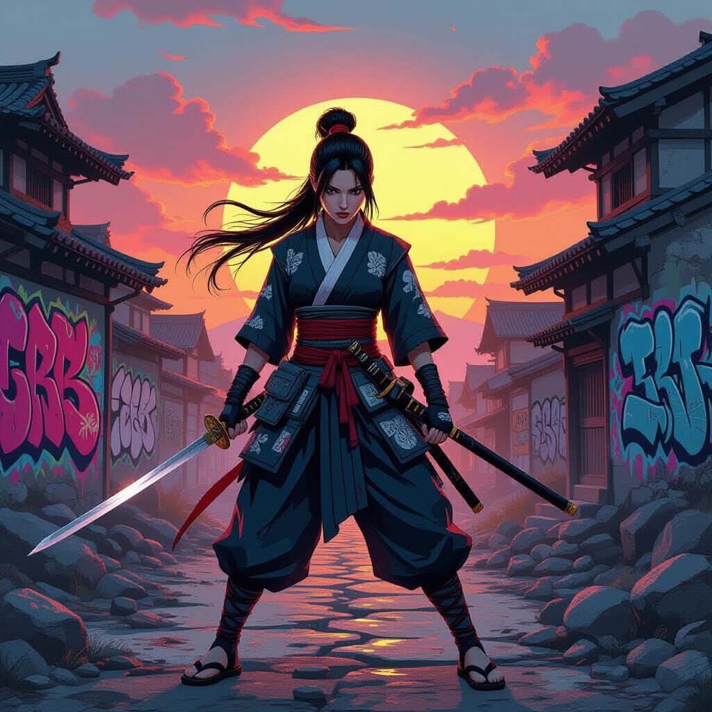 Ninja Ready for Battle in Ruined Village, Graffiti Art