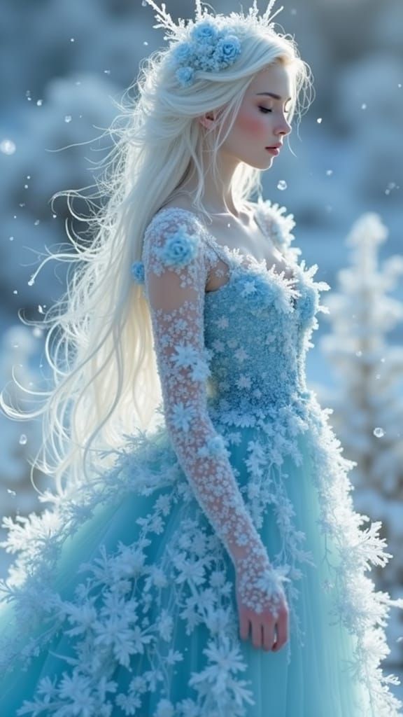 Ethereal Iceflower Goddess in Frosty Blue Gown