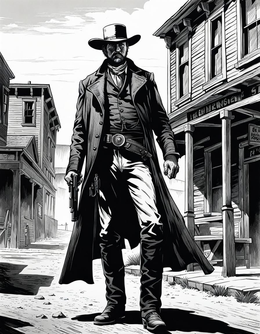Old West Gunslinger Ink Drawing in Black and White