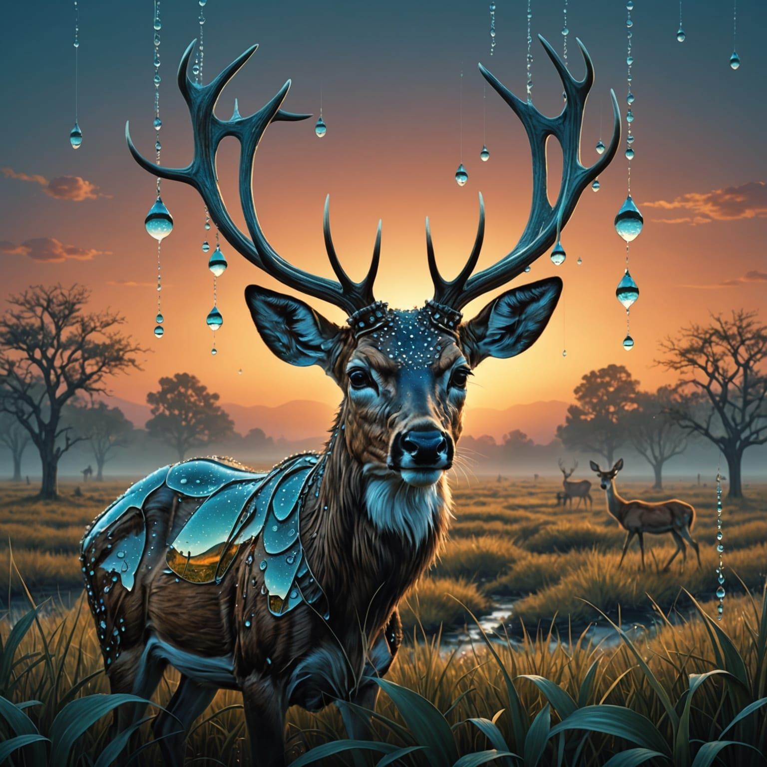 Dystopian Deer Drinks at Dusk: A Digital Surrealist Dream