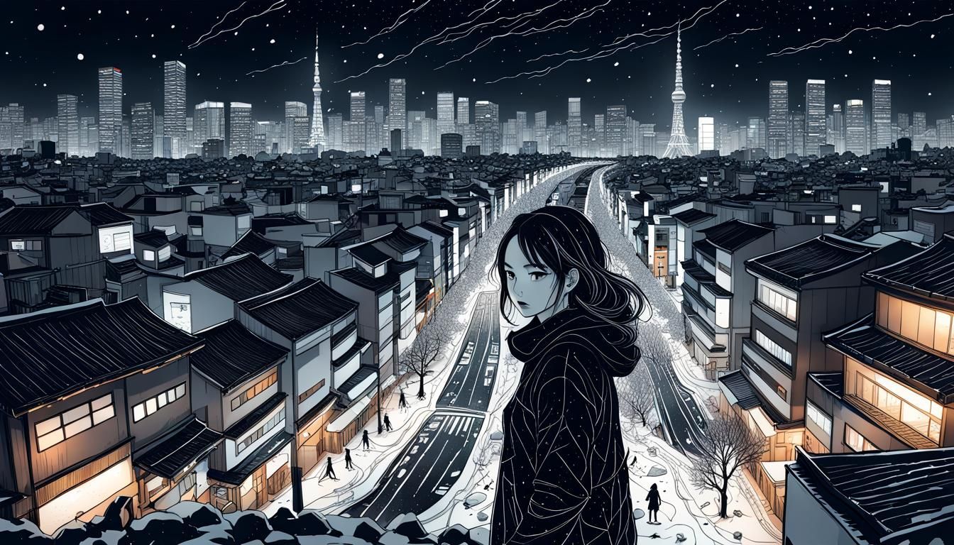Girl in Winter Tokyo: Chaotic Line Art