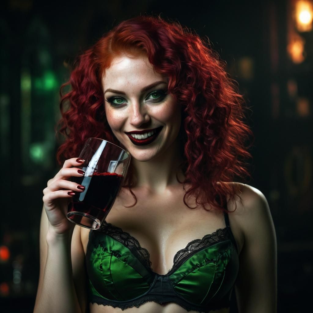 Gothic Redhead with Vampire Fangs: Hyperrealistic Portrait