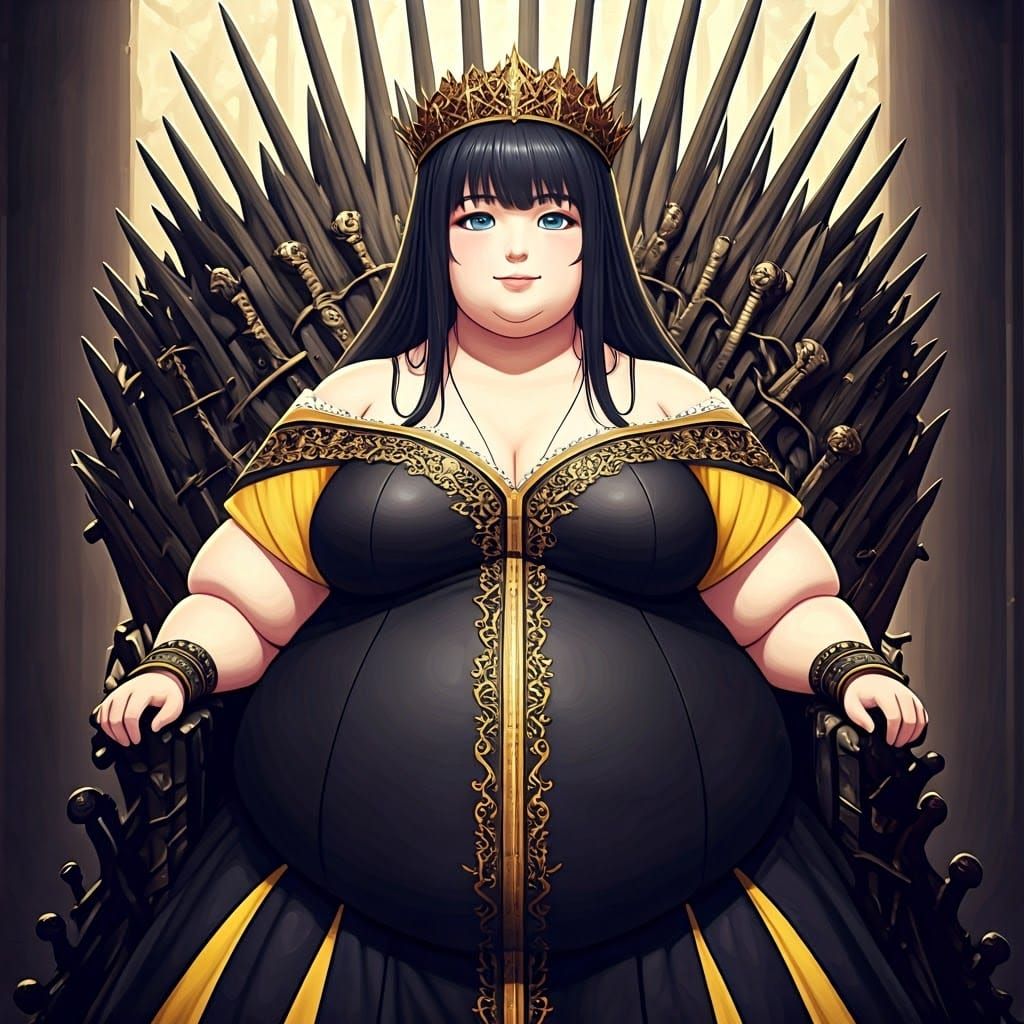 Anime Queen Sits Unmoving on the Iron Throne in Elegant Blac...