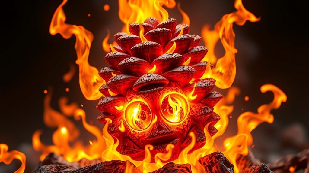 Flaming Pinecone Warrior in Anime-Inspired Style
