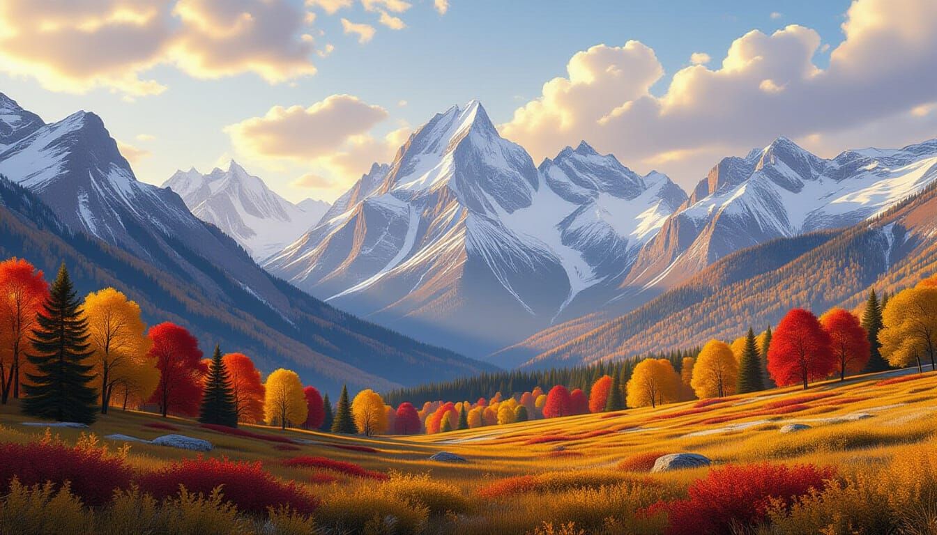 Golden Hour Autumn Alpine Scene with Snowy Peaks