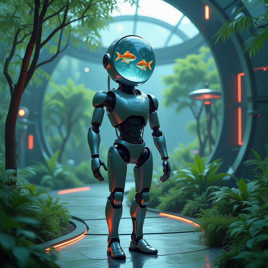 Futuristic Robot in Cyberpunk Garden