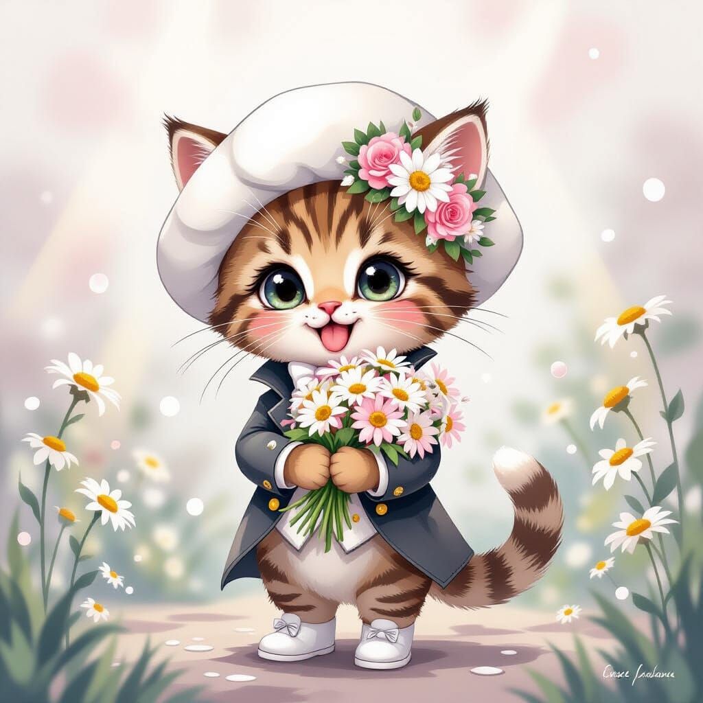 Whimsical Chibi Kitten with Daisies in Watercolor Style