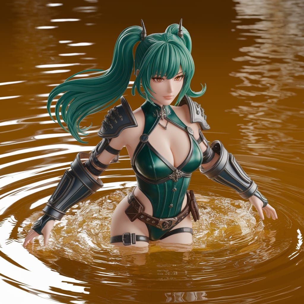 Gothic Anime Warrior Emerges from Golden Pond