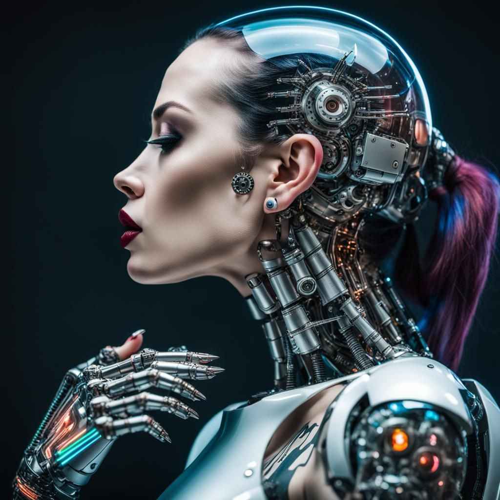 Woman Kisses Robot in Hyperrealistic Cyberpunk Photo