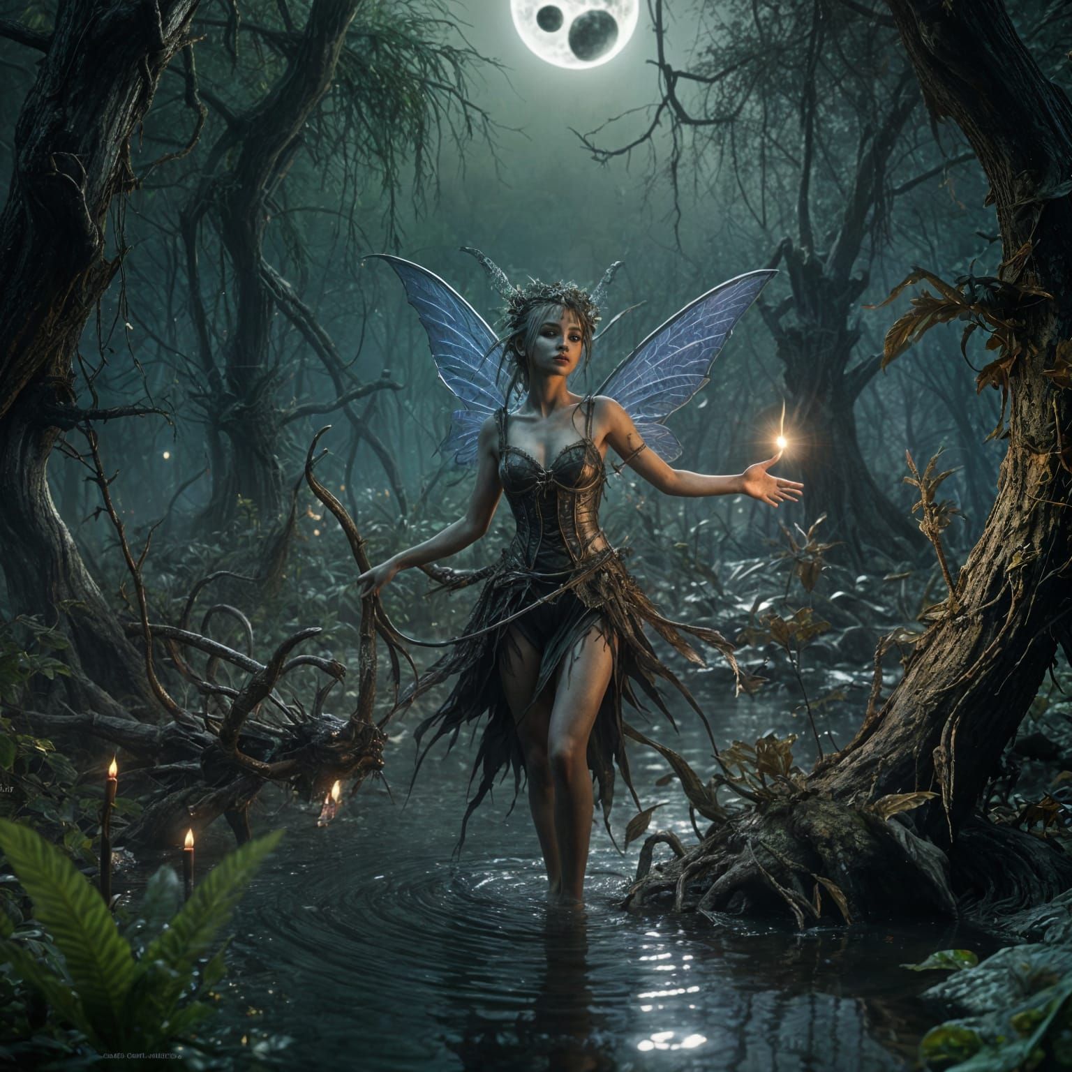 Eerie Eclipse: Fairies Dance in Haunted Swamp