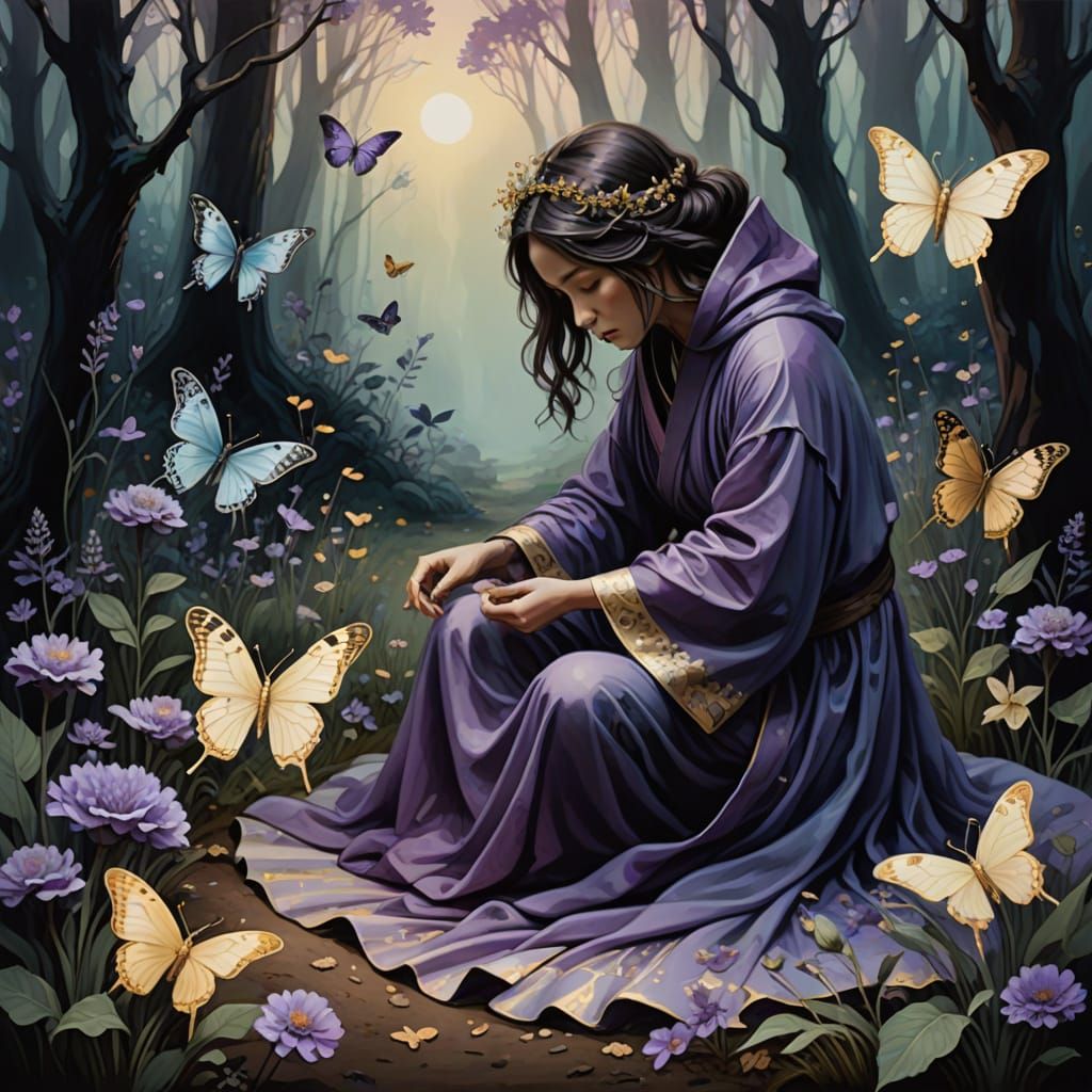 Faceless Figure Cradling Child in Twilight Glade