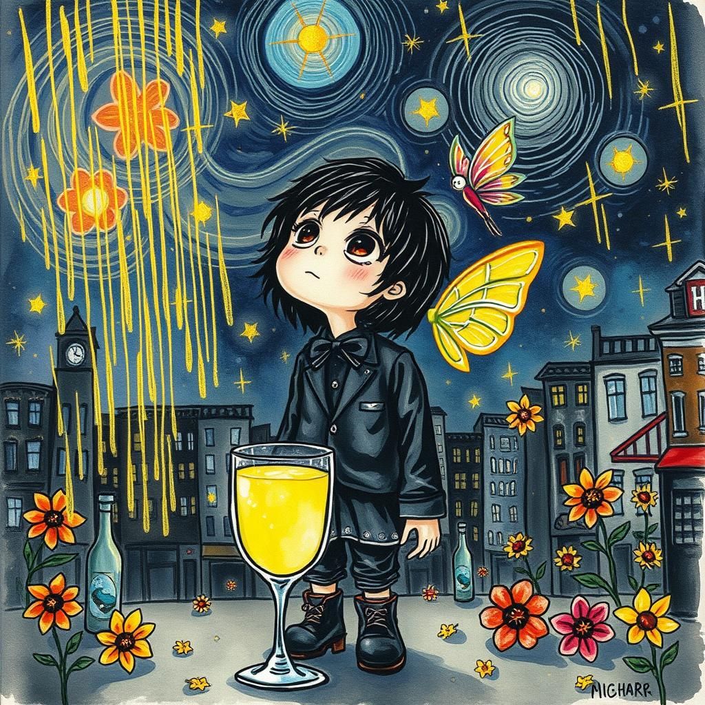 Melancholic Child in Rainbow Lemonade City, Crayon Art